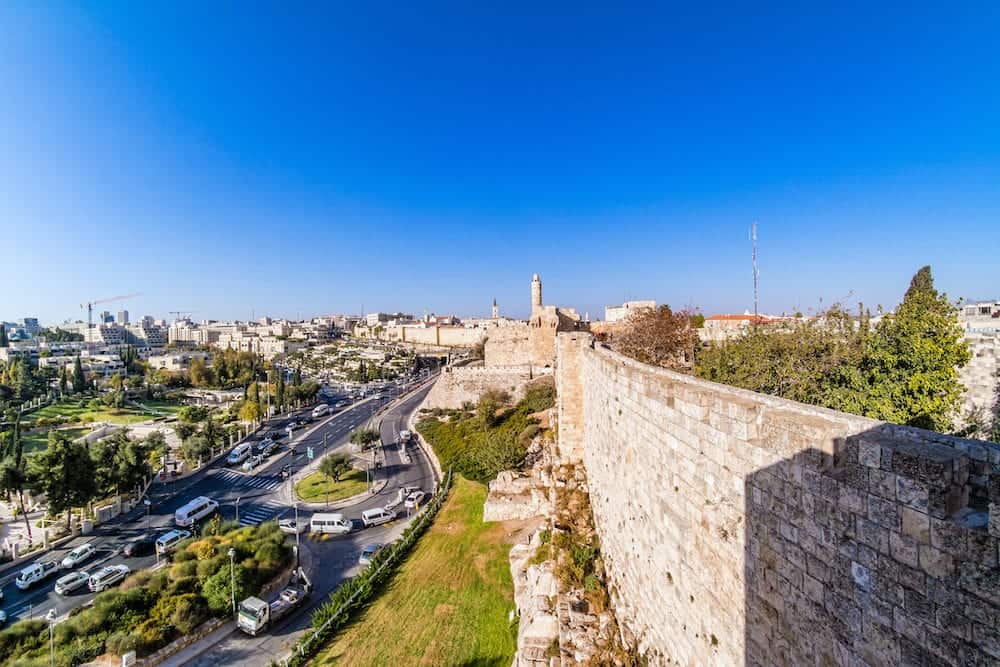 King David's tower (citadel) in old city of Jerusalem and view of the new Jerusalem.