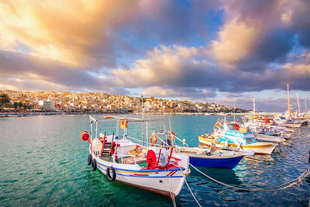 The pictursque port of Sitia, Crete, Greece at sunset. Sitia is a traditional town at the east Crete near the beach of palm trees, Vai.