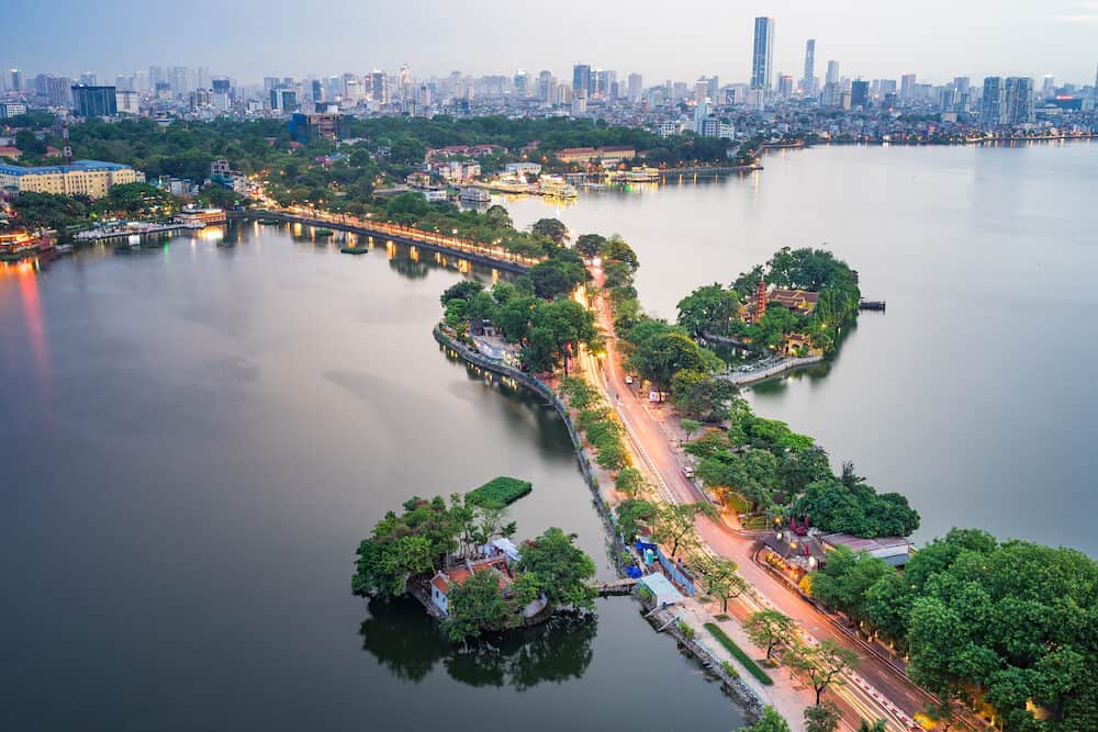 Aerial view of Hanoi skyline with Thanh Nien street at West Lake. Hanoi cityscape at twilight