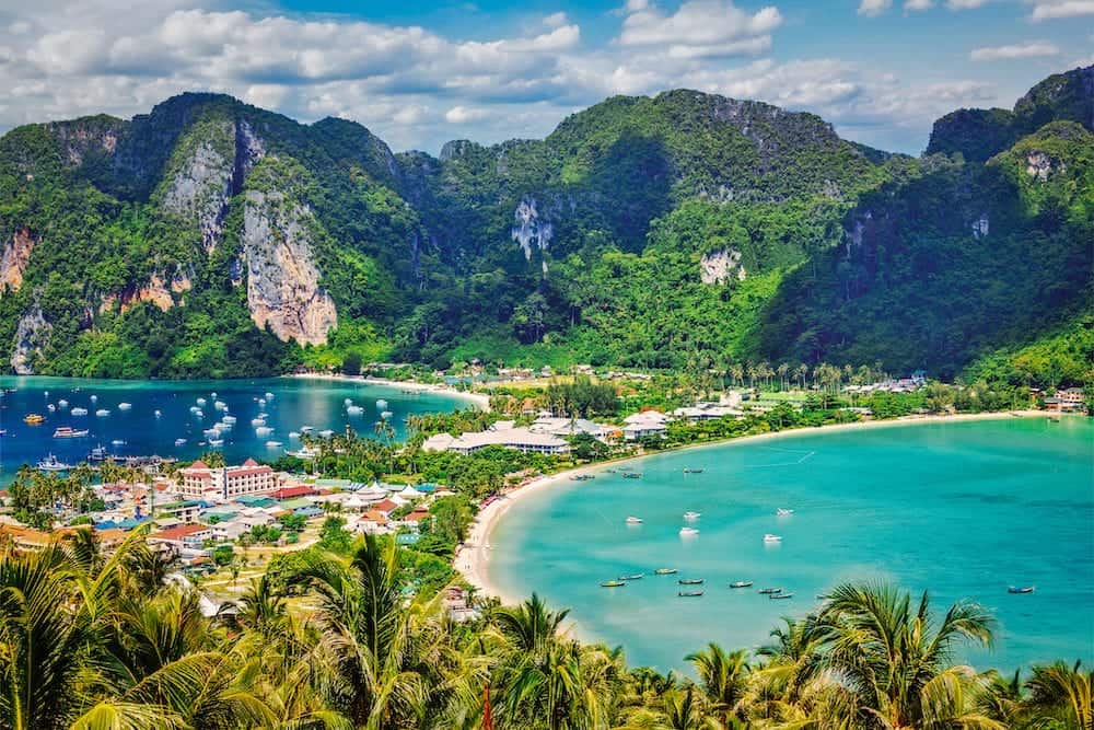 Thailand tropical vacation holidays concept background - tropical island with resorts - Phi-Phi island, Krabi Province, Thailand