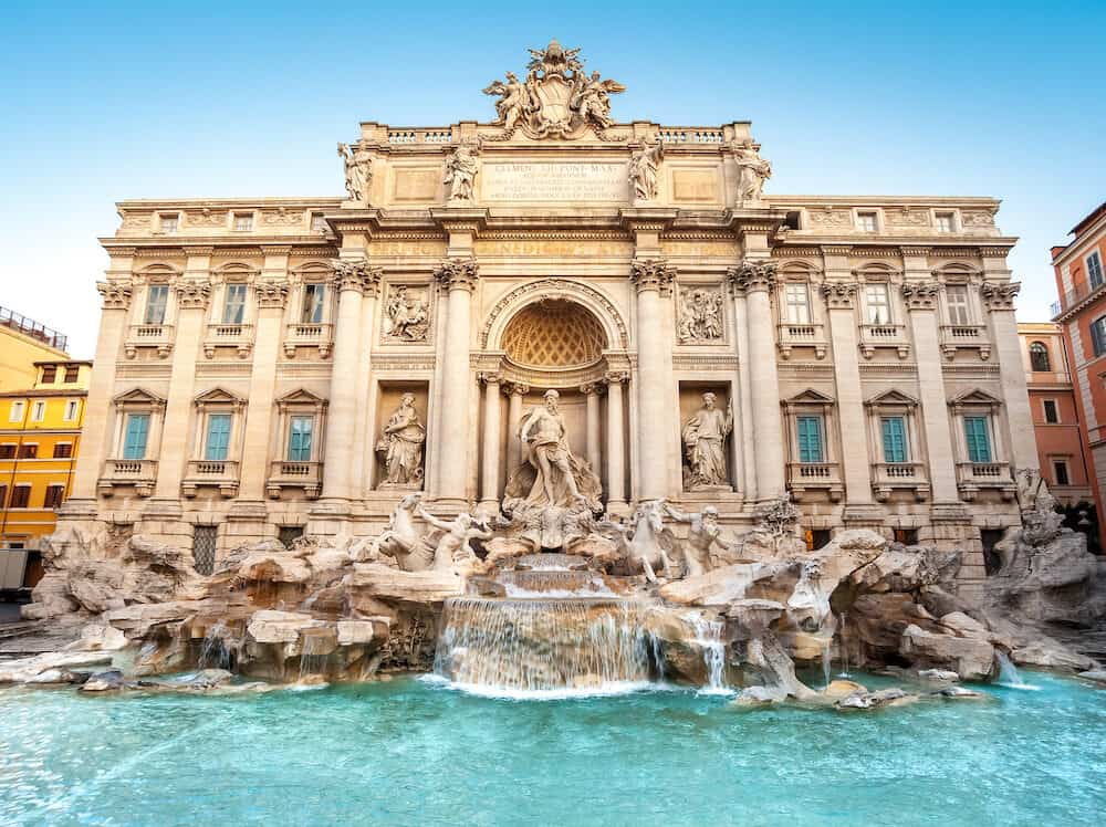 Trevi fountain at sunrise, Rome, Italy, Europe. Rome architecture and landmark. Trevi fountain is one of the most important turistic attractions in Rome