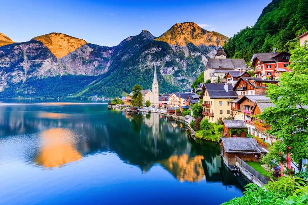 Hallstatt Austria. Mountain village in the Austrian Alps at twilight.