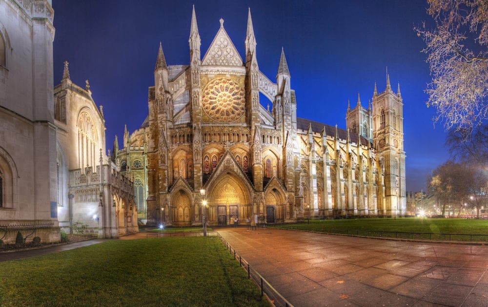 View of the North side of Westminster Abbey at night 