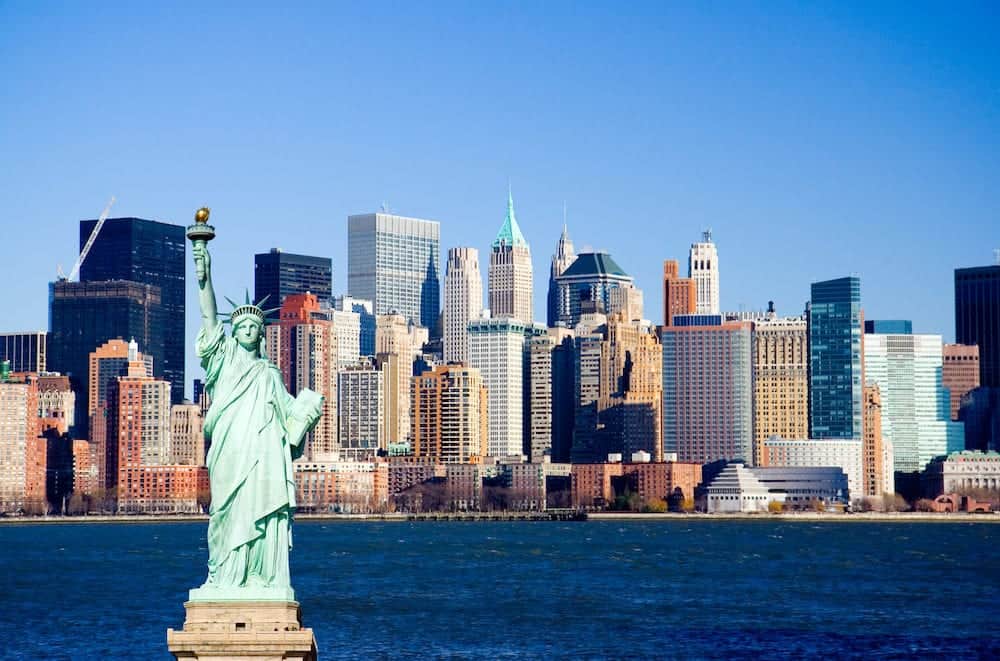 Statue of Liberty overlooking lower Manhattan and New York harbor