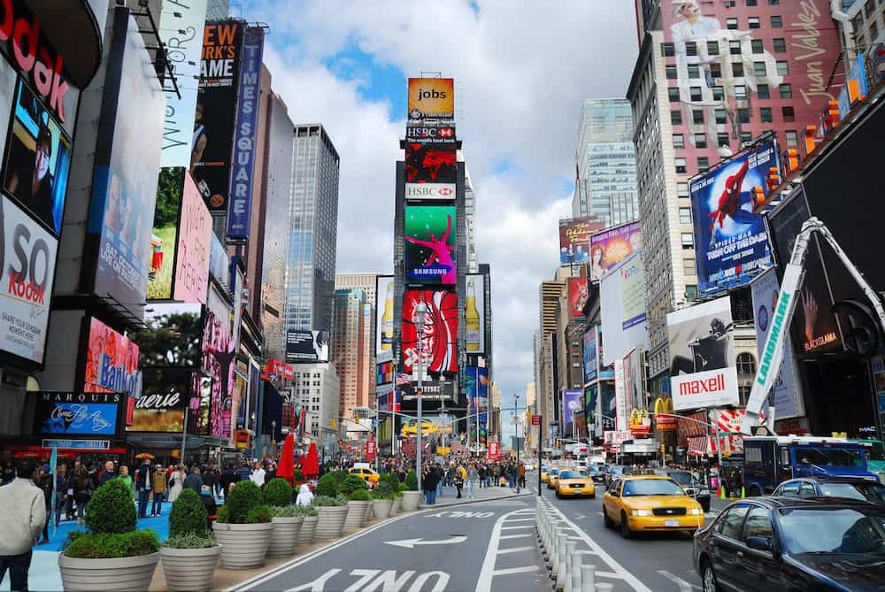 NEW YORK CITY, NY - Times Square is featured with Broadway Theaters and LED signs as a symbol of New York City and the United States, in Manhattan, New York City.