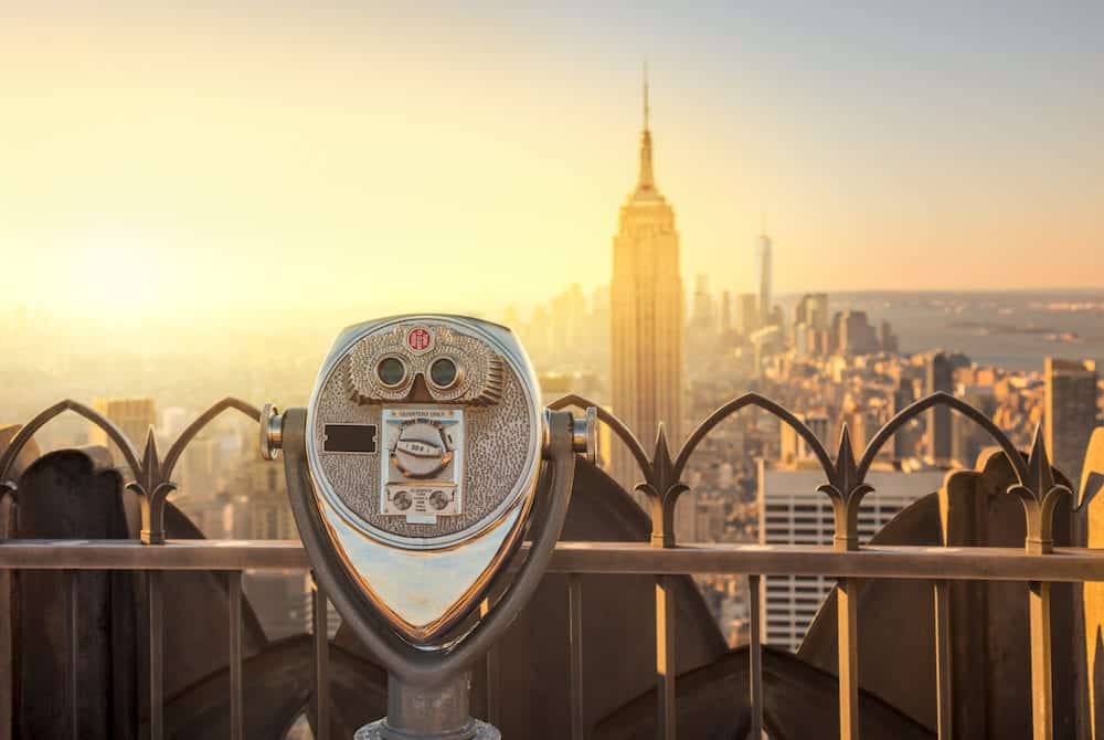 Tourist binoculars overlooking the Manhattan skyline in New York City at the morning, USA, United States of America