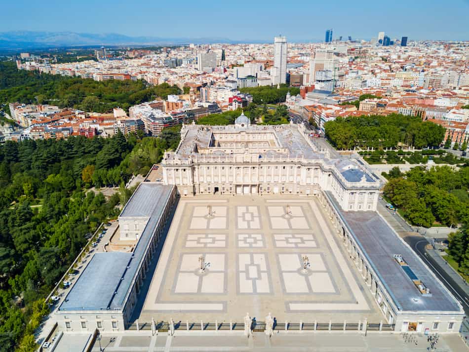 The Royal Palace of Madrid aerial panoramic view. Palacio Real de Madrid is the official residence of the Spanish Royal Family in Madrid, Spain