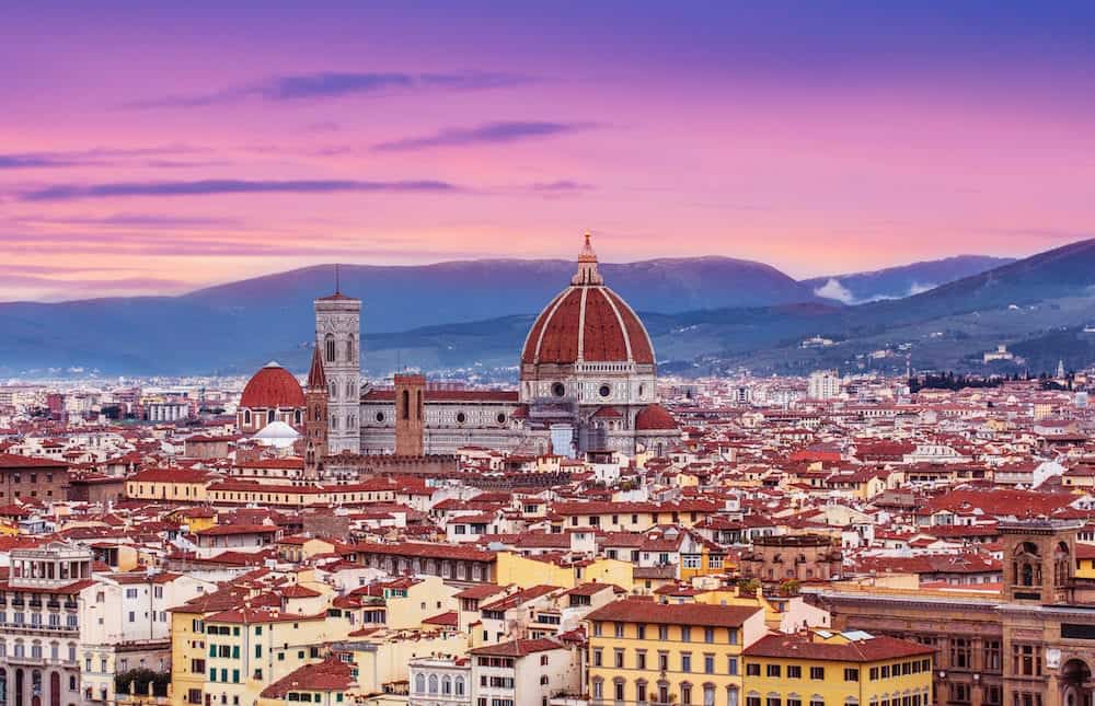 Beautiful Florence sunset city skyline with Florence Duomo Panorama of Florence, Italy