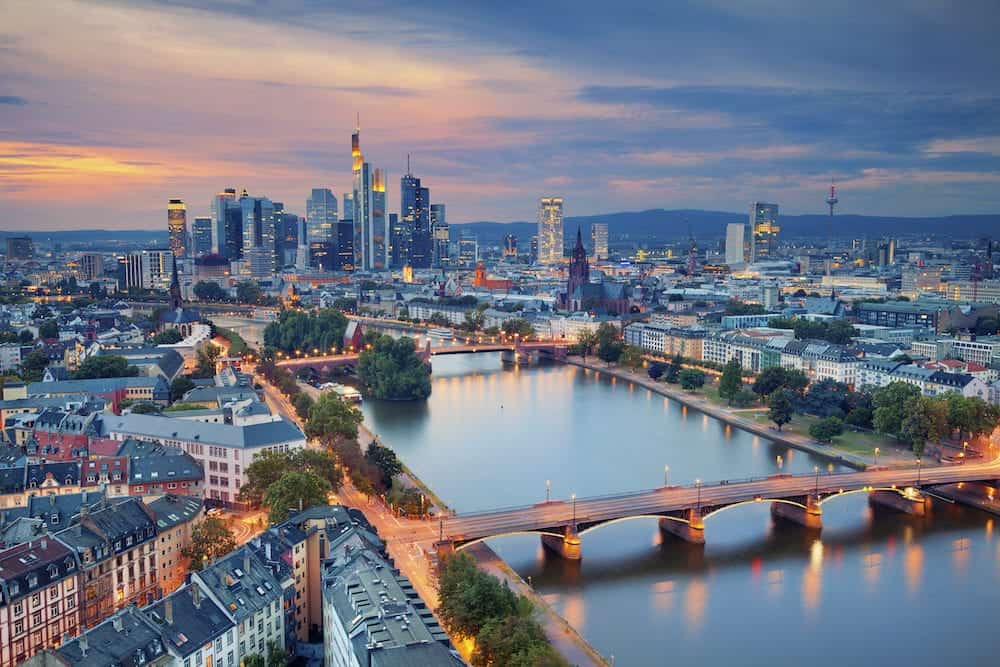 Frankfurt am Main. Image of Frankfurt am Main skyline during twilight blue hour.