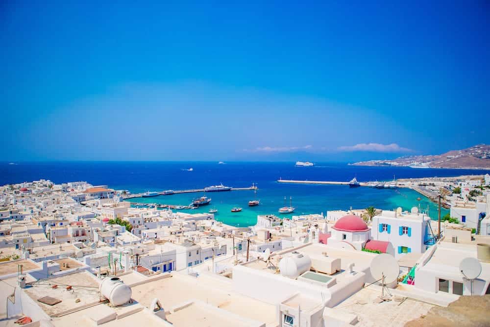 Top view of the old city, the port and the ocean on the island of Mykonos, Greece.