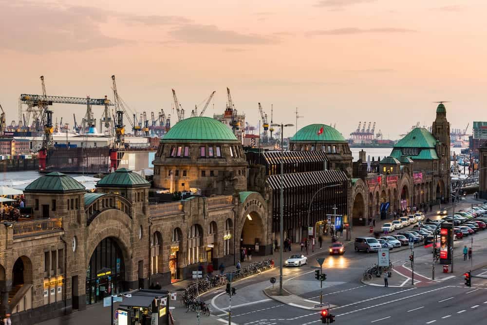 HAMBURG GERMANY - View of the St. Pauli Piers (German: St. Pauli Landungsbrucken) one of Hamburg's major tourist attractions on June 3 2016. Its the largest landing place Hamburg.