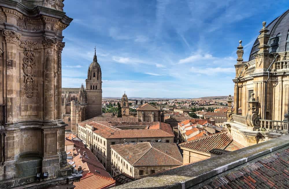 Over look New Cathedral Belltower of Salamanca and surroundings from La Clerecia in Salamanca Castilla y Leon Spain