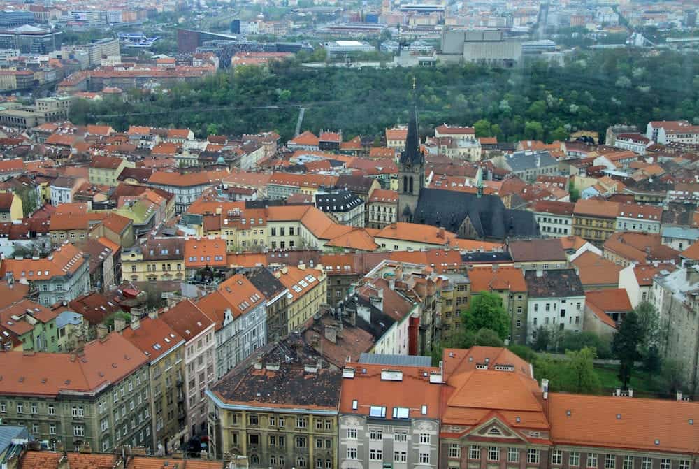 PRAGUE CZECH REPUBLIC - View of Zizcov and Vinohrady districts from Zizkov Telecommunication Tower in Prague Czech Republic