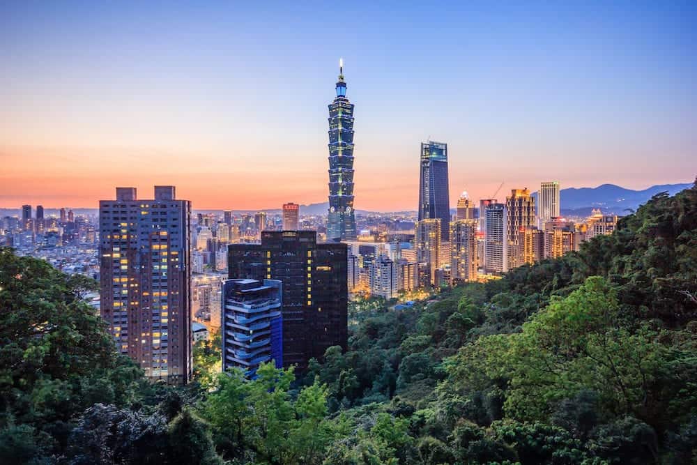 Taipei Taiwan city skyline at sunset from view of Taipei City make a hike to the top of Elephant Mountain