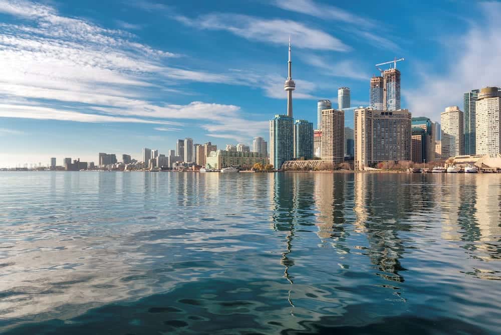 Beautiful Toronto skyline with CN Tower over lake. Canada.