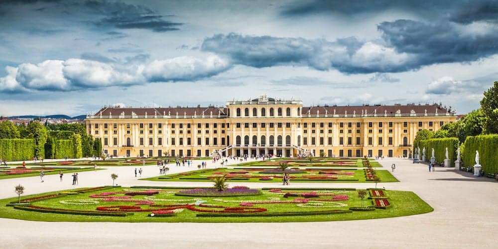Beautiful view of famous Schonbrunn Palace with Great Parterre garden in Vienna Austria