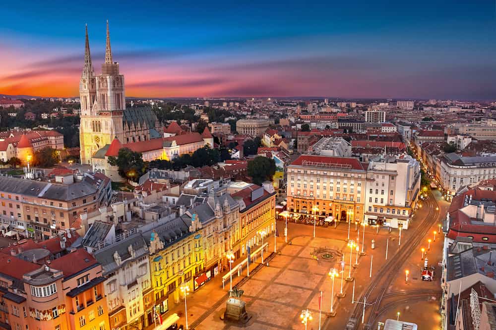 Zagreb Croatia at Sunset. Aerial View from above of Ban Jelacic Square