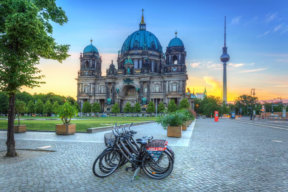 BERLIN, GERMANY - Berlin Cathedral (Berliner Dom) and TV Tower at sunrise, Germany. Berlin is the capital and the largest city of Germany.