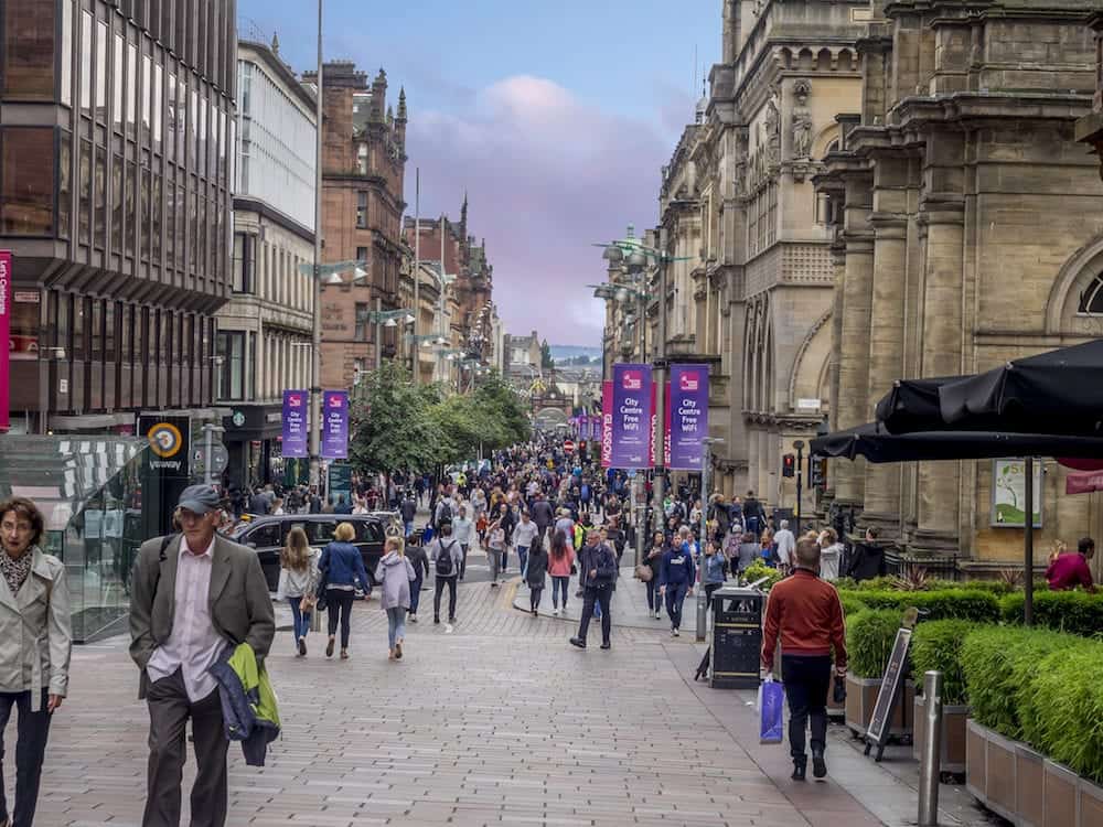 GLASGOW, SCOTLAND - Buchanan Street in Glasgow, Scotland. Buchanan Street is the main shopping district in Scotland and has many fine restaurants and shops.