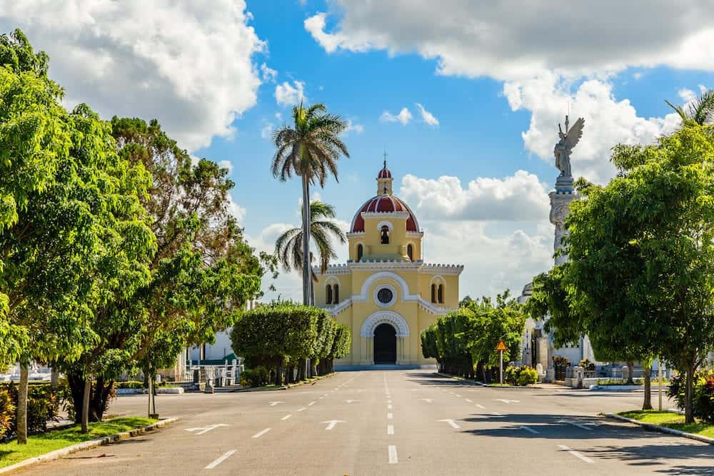 Cristobal colon catholic cemetery chapel, with road and alley in the foreground, Vedado, Havana, Cuba