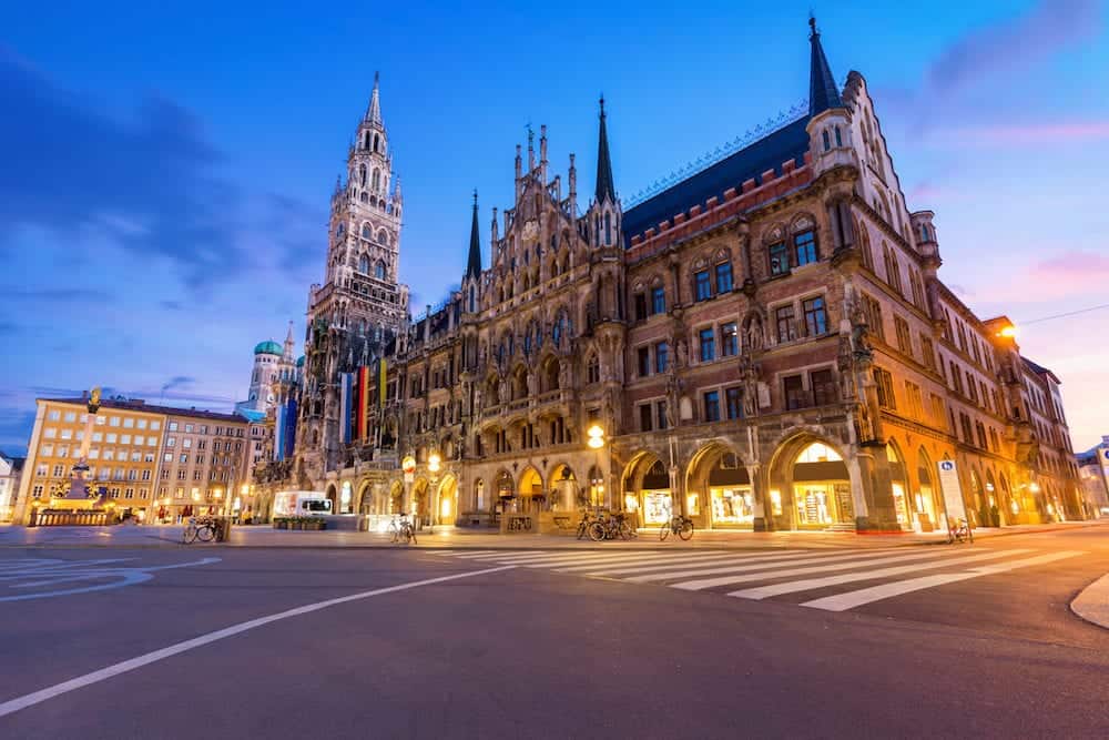 Night panorama of Marienplatz and Munich city hall in Munich Germany.