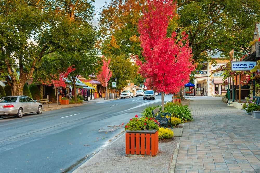 Hahndorf South Australia - Main street views of Hahndorf in Adelaide Hills area with shops and cafes during autumn season after rain