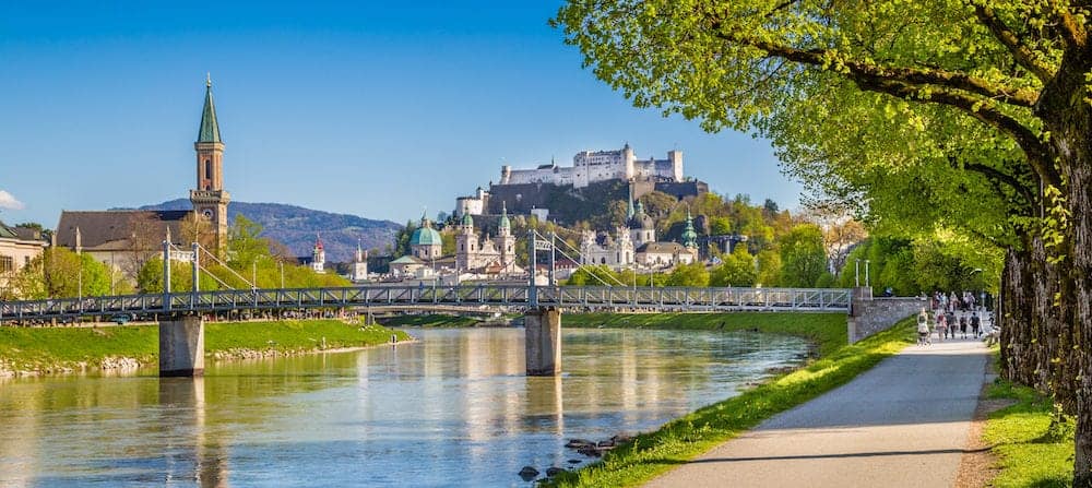 Beautiful view of Salzburg skyline with Festung Hohensalzburg and Salzach river in summer, Salzburg, Salzburger Land, Austria