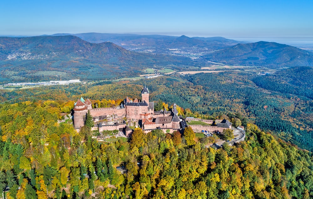 Aerial panorama of the Chateau du Haut-Koenigsbourg in the Vosges mountains. A major tourist attraction in Alsace, France