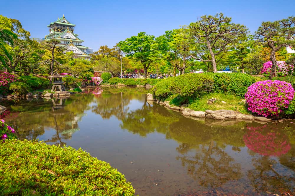 Scenic landscape of Osaka Castle Park, the most popular hanami spot during cherry blossom season and Osaka Castle reflecting in a pond. Osaka Castle is one of most famous landmarks of Japan and Osaka.