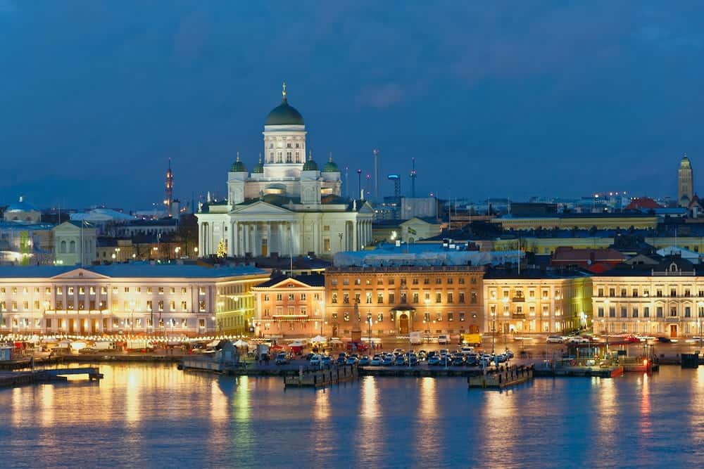 Night view to Helsinki Cathedral and Market square in Helsinki, Finland