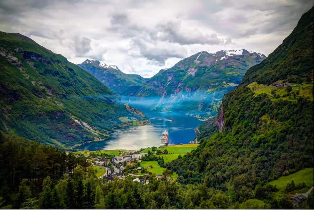 Aerial panorama view to Geiranger fjord and Trollstigen at Norway