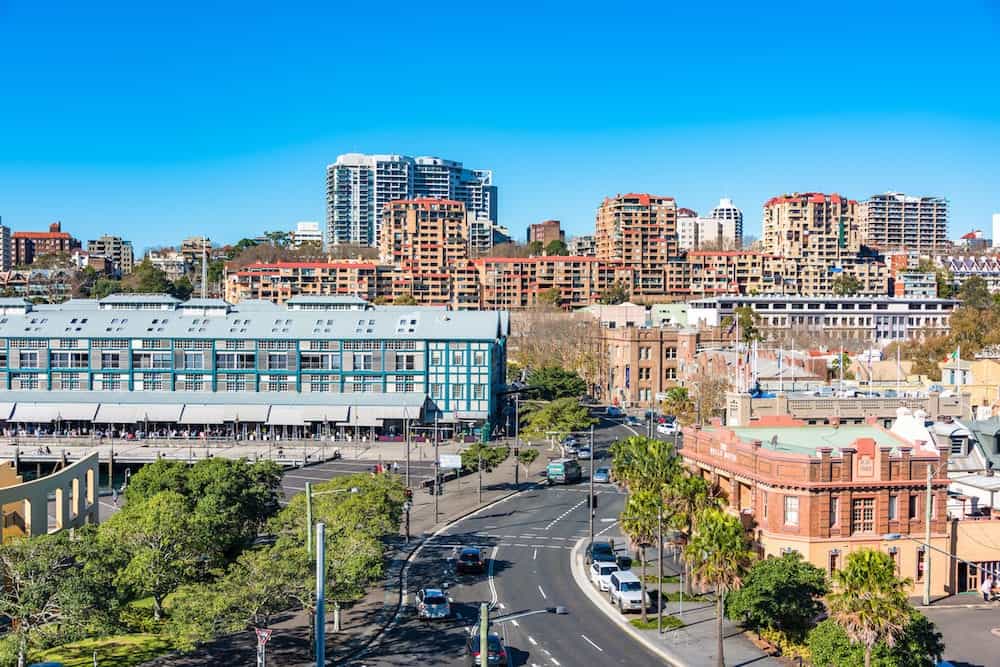 Sydney Australia - Woolloomooloo and Potts Point neighbourhoods with historic Woolloomooloo wharf and Bells hotel aerial view