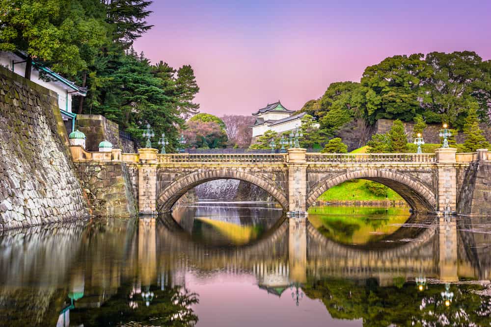 Tokyo, Japan at the Imperial Palace moat and bridge at dawn.