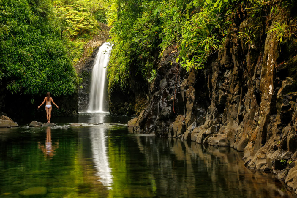 Wainibau Waterfall at the end of Lavena Coastal Walk on Taveuni Island, Fiji. Taveuni is the third largest island in Fiji.