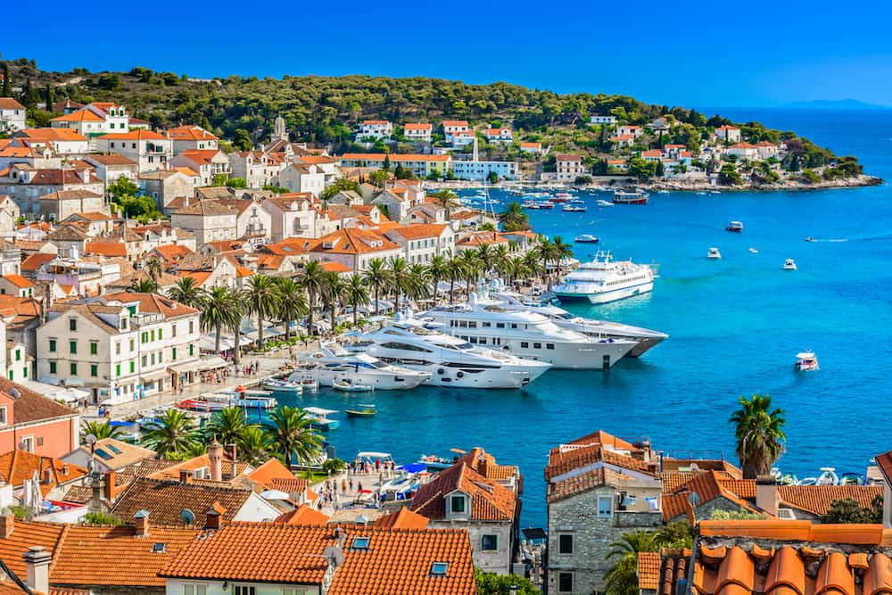 Aerial view at Hvar town in Southern Croatia, famous luxury travel destination in Europe, Mediterranean.