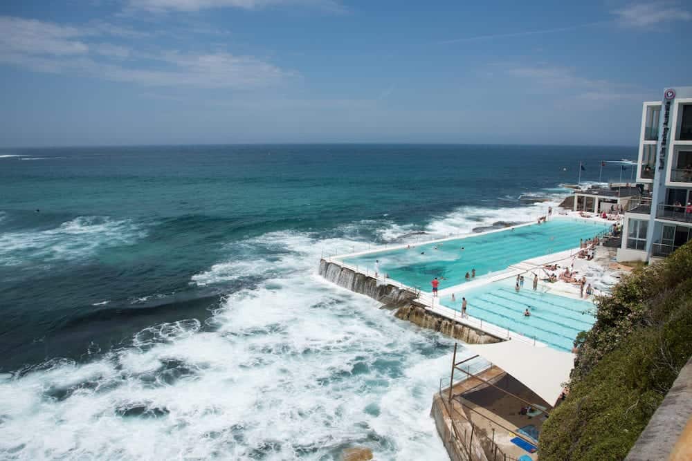 SYDNEY,NSW,AUSTRALIA-Elevated view over Icebergs Pool with people on the Pacific Ocean waterfront at Bondi Beach area in Sydney, Australia.