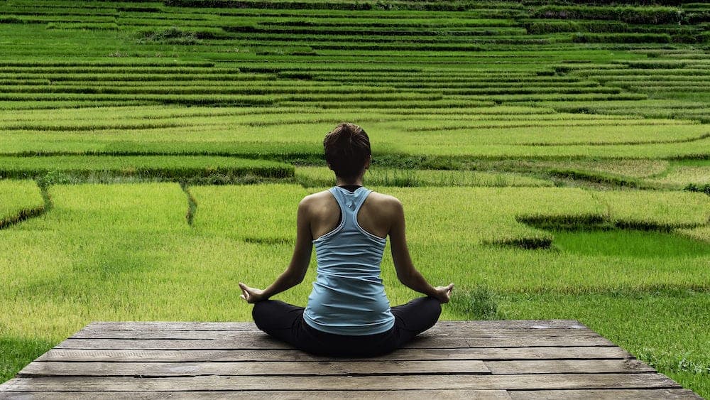 Young woman practicing yoga during luxury yoga retreat in Asia Bali meditation relaxation getting fit enlightening green grass jungle backgroundTerraced rice field in rice season in Vietnam