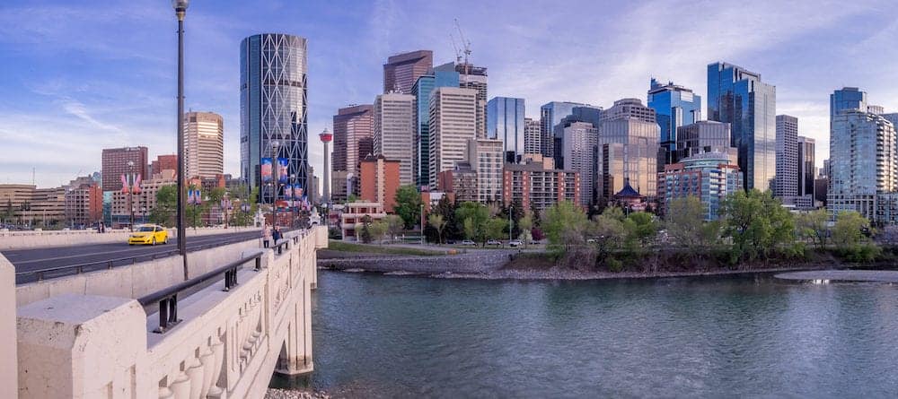 CALGARY, CANADA -Panorama of Calgary's skyline from the centre street bridge in Calgary, Alberta. The famous Bow River is in the foreground.