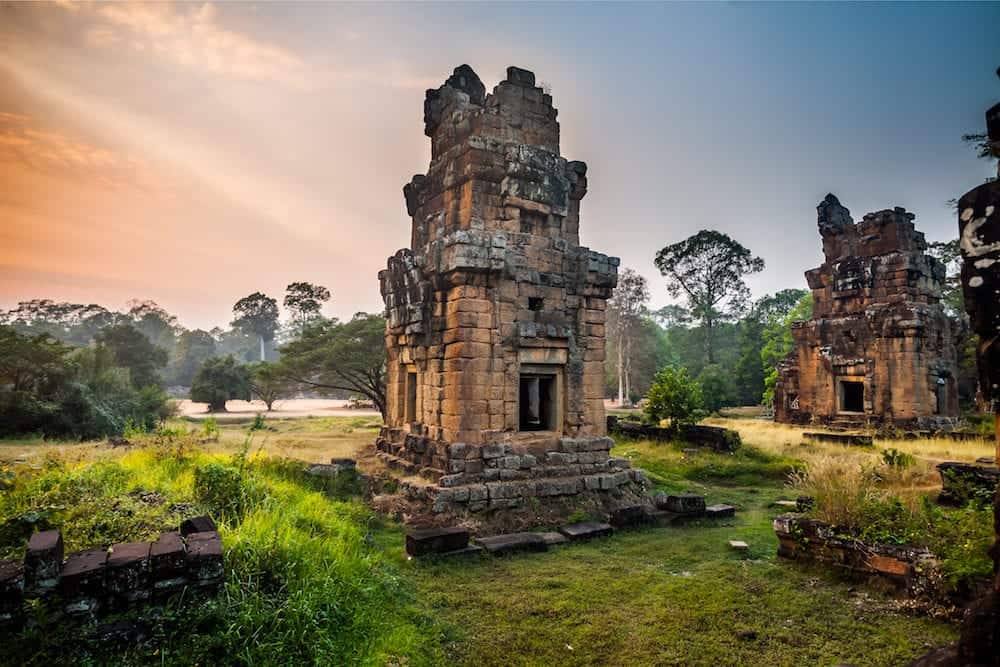 Angkor Thom gardens near the Elephants Terrace within the Angkor Temples, Cambodia. Angkor Wat Temple is the largest religious monument in the world. Ancient Khmer architecture
