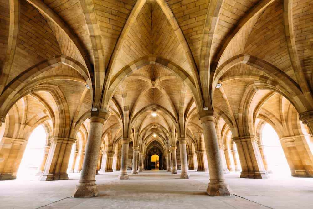 Glasgow, Scotland, UK - :The Cloisters (also known as The Undercroft) - iconic part of the University of Glasgow main biulding in Glasgow, Scotland, United Kingdom.