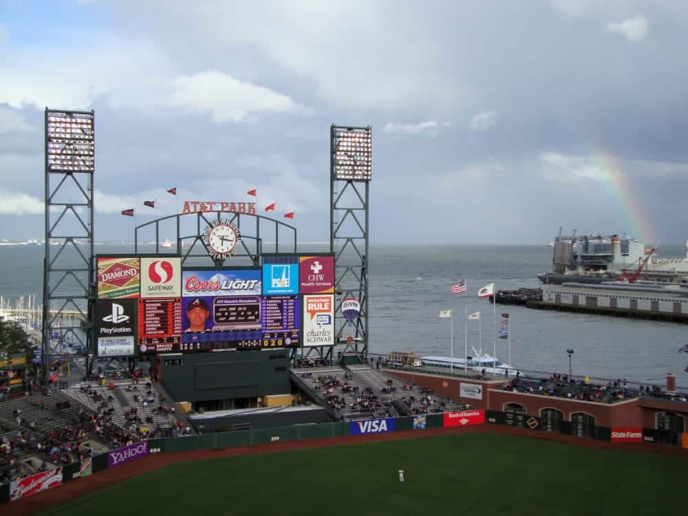 SAN FRANCISCO - Braves Vs. Giants: braves Kenshin Kawakami on the scoreboard with rainbow visible in distance at Att Park San Francisco California.