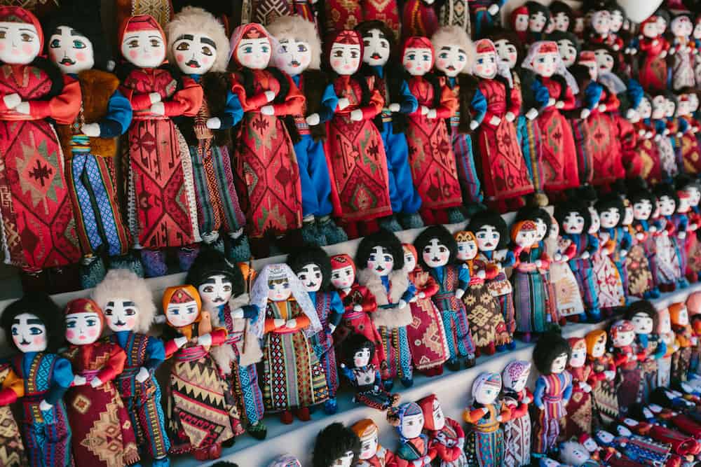 Dolls in Armenian national costumes. Flea market Vernissage Yerevan, Armenia