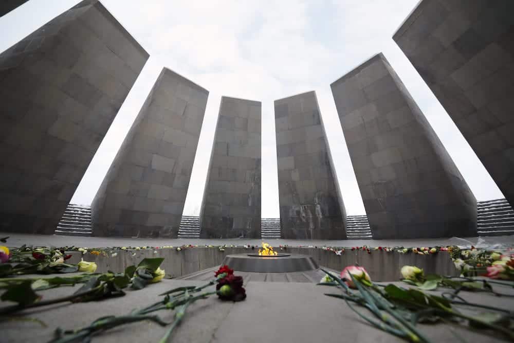 YEREVAN, ARMENIA - Flowers are on floor in Memorial complex Tsitsernakaberd, dedicated to genocide of armenians in 1915