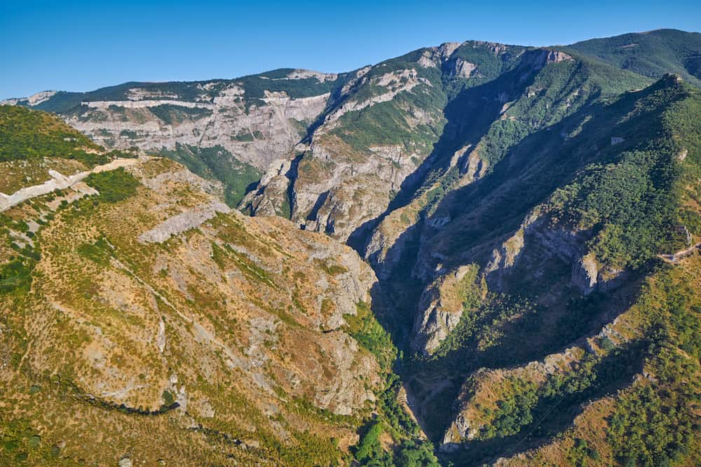 View over Vorotan River Gorge from Tatev Cable Car ropeway in Armenia, longest aerial tramway in the world