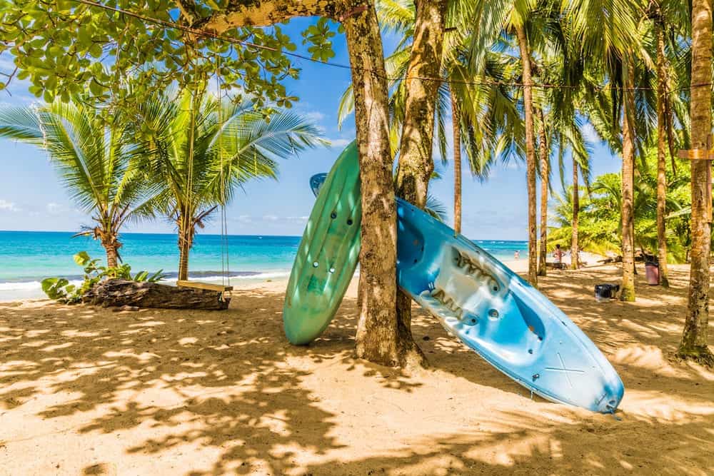 Punta Uva, Puerto Viejo, Costa Rica. A view of canoes on the beach at Punta Uva in Costa Rica