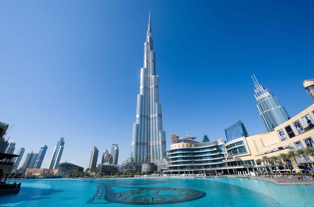 DUBAI, UNITED ARAB EMIRATES -: The Burj Khalifa in the center of Dubai is the tallest building in the world with 828 meters high.