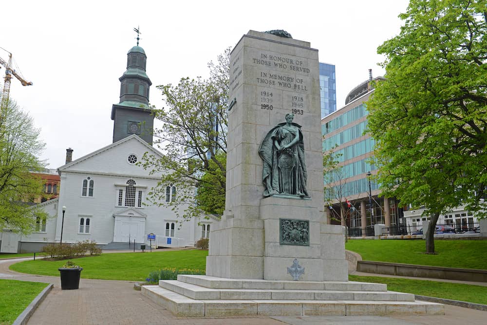 HALIFAX, NS, CANADA - Cenotaph and St Paul`s Anglican Church on Grand Parade Square in downtown Halifax, Nova Scotia, Canada.