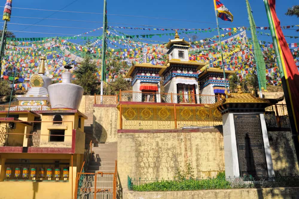 Colorful buddhist prayer flags in town of Dharamshala Himachal Pradesh India