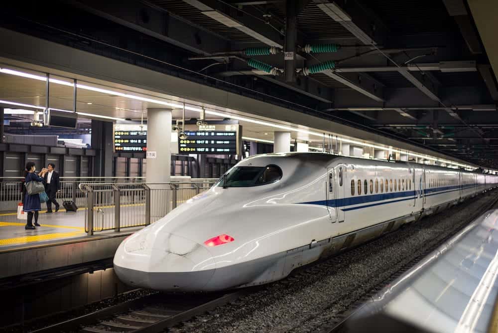 Tokyo, Japan - Shinkansen train stopping at station in Tokyo Japan. Japan high speed trains (bullet trains) are called shinkansen and are operated by Japan Railways