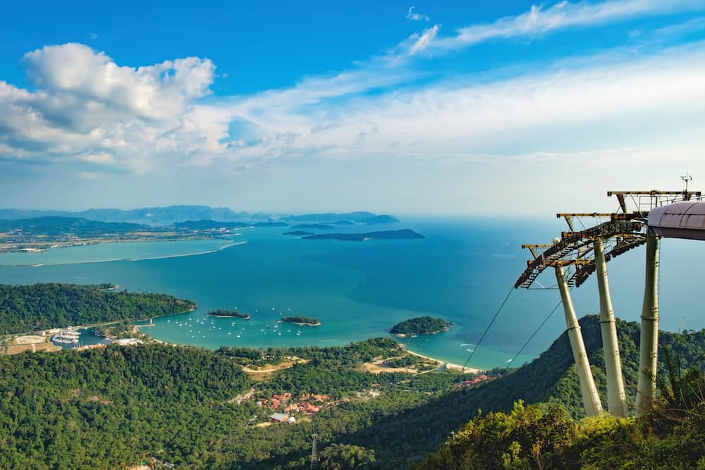 Cable Car to the top of Langkawi island and panoramic view of blue sky sea and mountain Malaysia. Langkawi SkyCab is one of the major attractions in the island